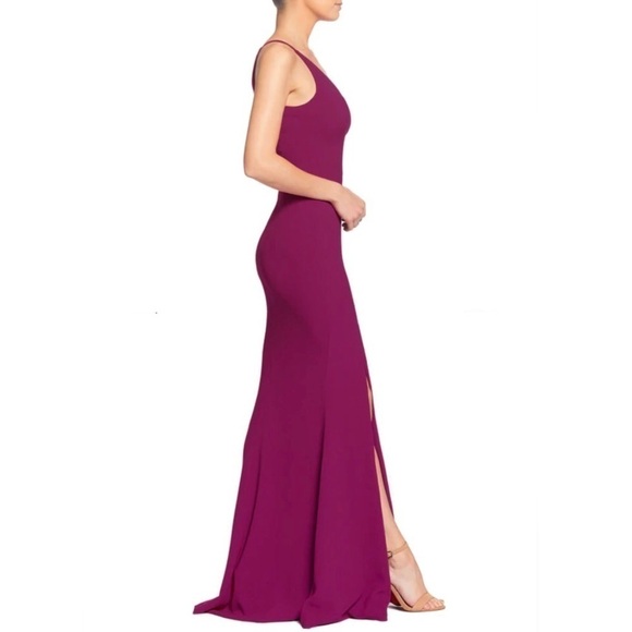 Dress the Population Iris Thigh-High Slit Crepe Trumpet Gown Dark Magenta Medium - Picture 3 of 12